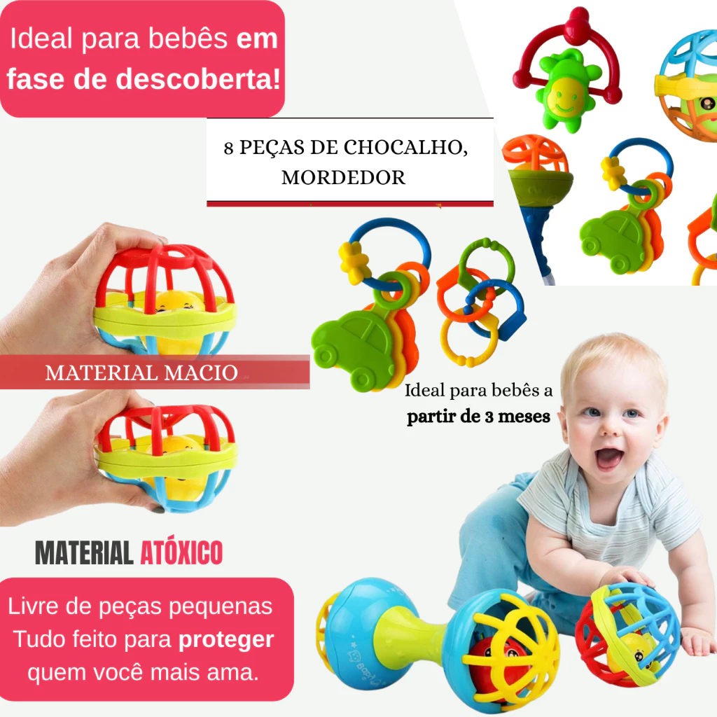 Kit Brinquedo Bebe Chocalho Mordedor Silicone Macio Bola Colorida 8 Peça Menina e Menino Móbile