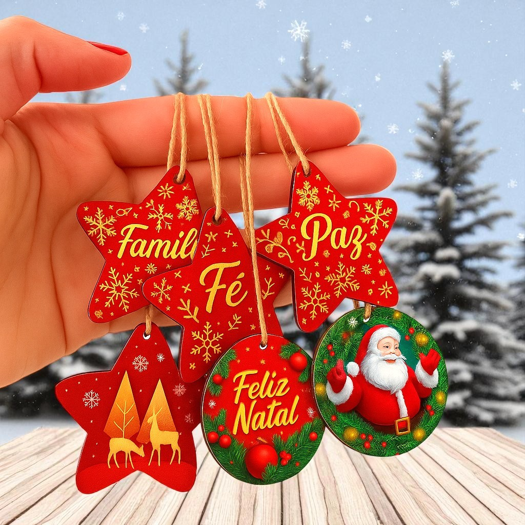 Kit Enfeites de 10 uni Árvore Natal Acrílico Estrelas e Bolinhas com cordão Decoração Natalina 6 cm