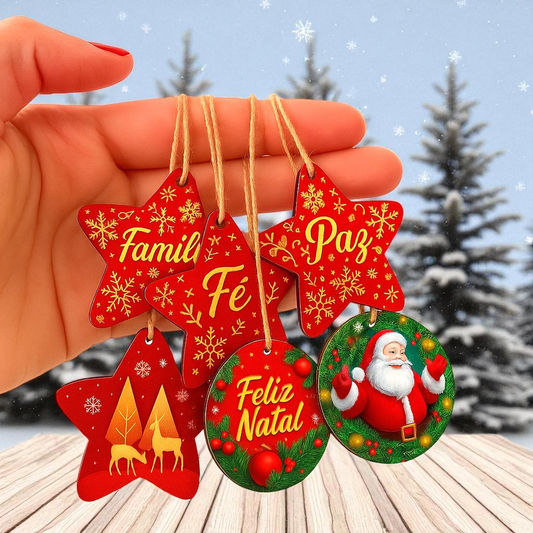 Kit Enfeites de 10 uni Árvore Natal Acrílico Estrelas e Bolinhas com cordão Decoração Natalina 6 cm