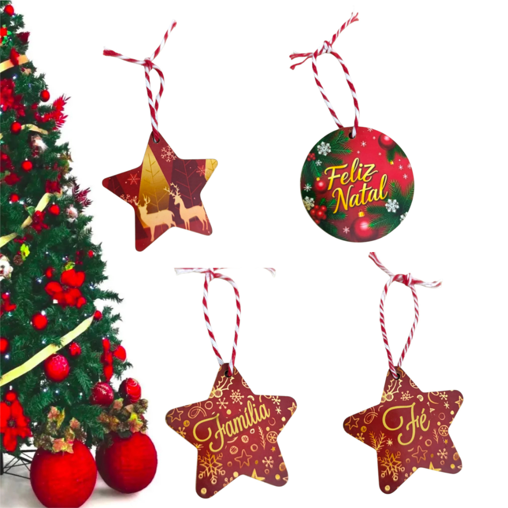 Kit Enfeites de 10 uni Árvore Natal Acrílico Estrelas e Bolinhas com cordão Decoração Natalina 6 cm