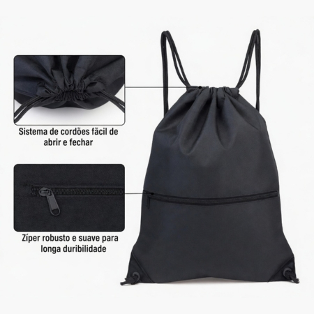 Mochila Bolsa Sacola Academia Esportiva Futebol Impermeável Preta com Zíper - 15 Litros Nylon
