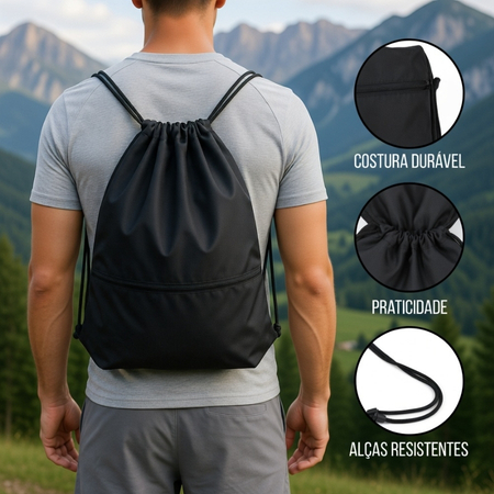 Mochila Bolsa Sacola Academia Esportiva Futebol Impermeável Preta com Zíper - 15 Litros Nylon