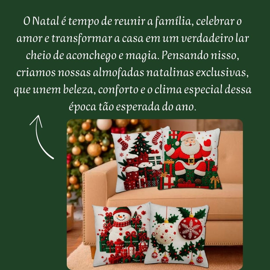Almofadas Decorativas Natal Kit 04 Capas Papai Noel Boneco Neve Feliz Natal Rena- Tamanho 45X45