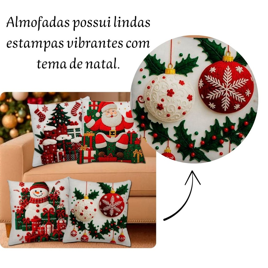 Almofadas Decorativas Natal Kit 04 Capas Papai Noel Boneco Neve Feliz Natal Rena- Tamanho 45X45
